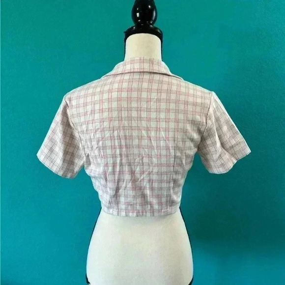 Brandy Melville John Galt Small Vivian Plaid Crop Top Collar Light Pink White - Picture 3 of 5